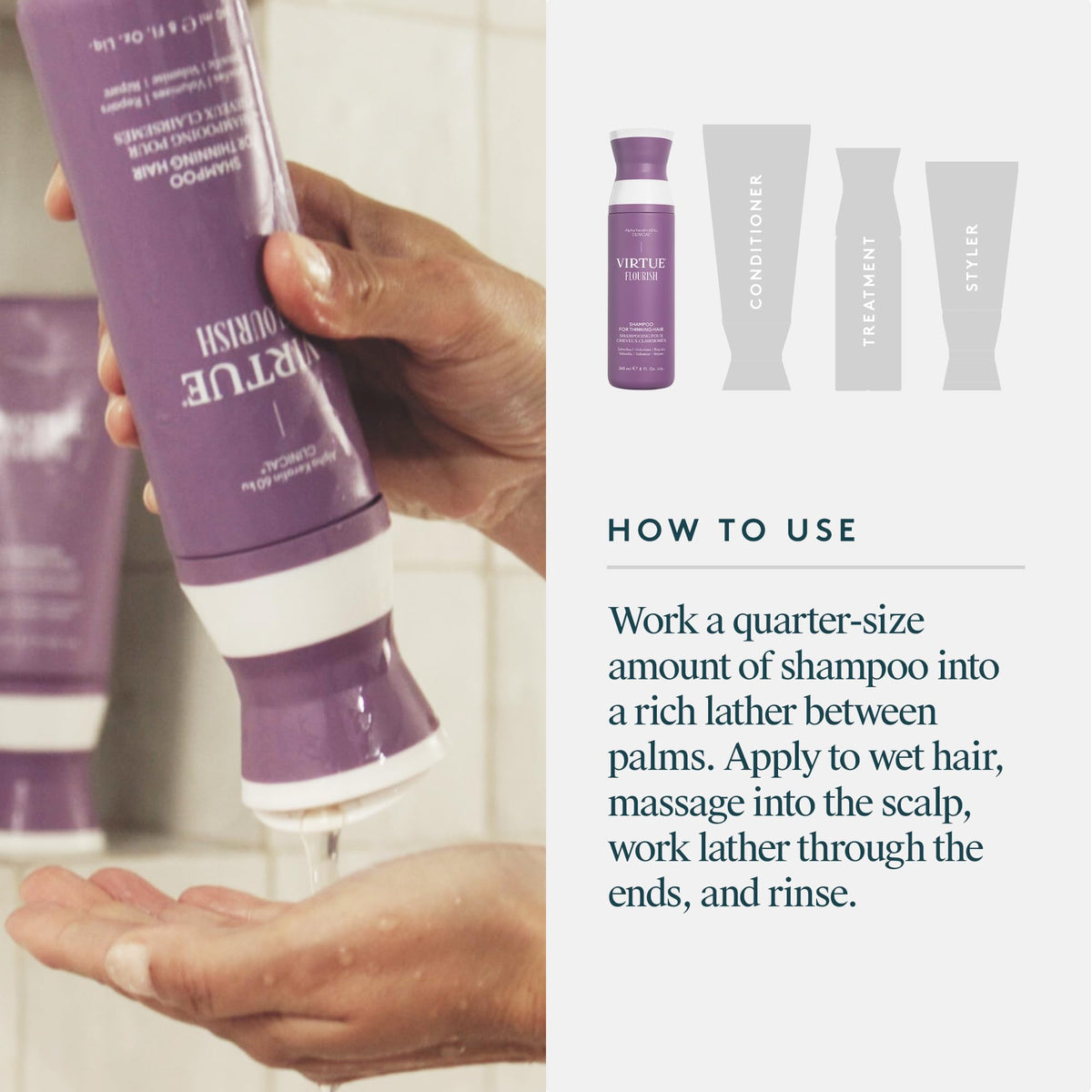 Shampooing VIRTUE Flourish 300g en situation d'utilisation