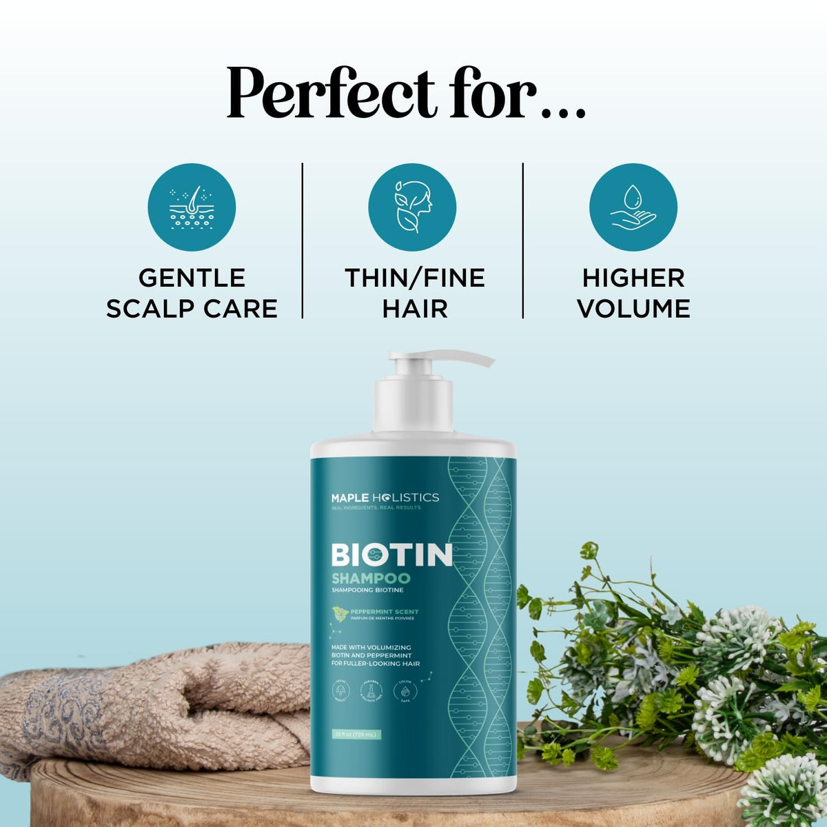 Shampooing volumisant Maple Holistics sur un fond neutre