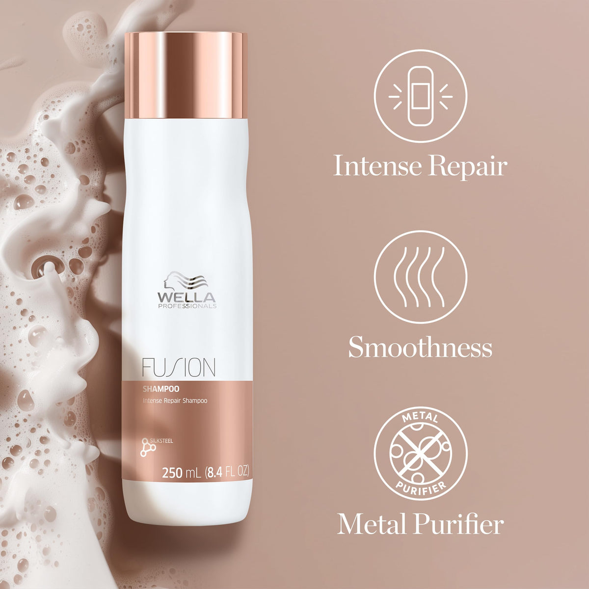 Shampooing Wella Professionals avec ses ingrédients clés en arrière-plan