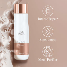 Shampooing Wella Professionals avec ses ingrédients clés en arrière-plan