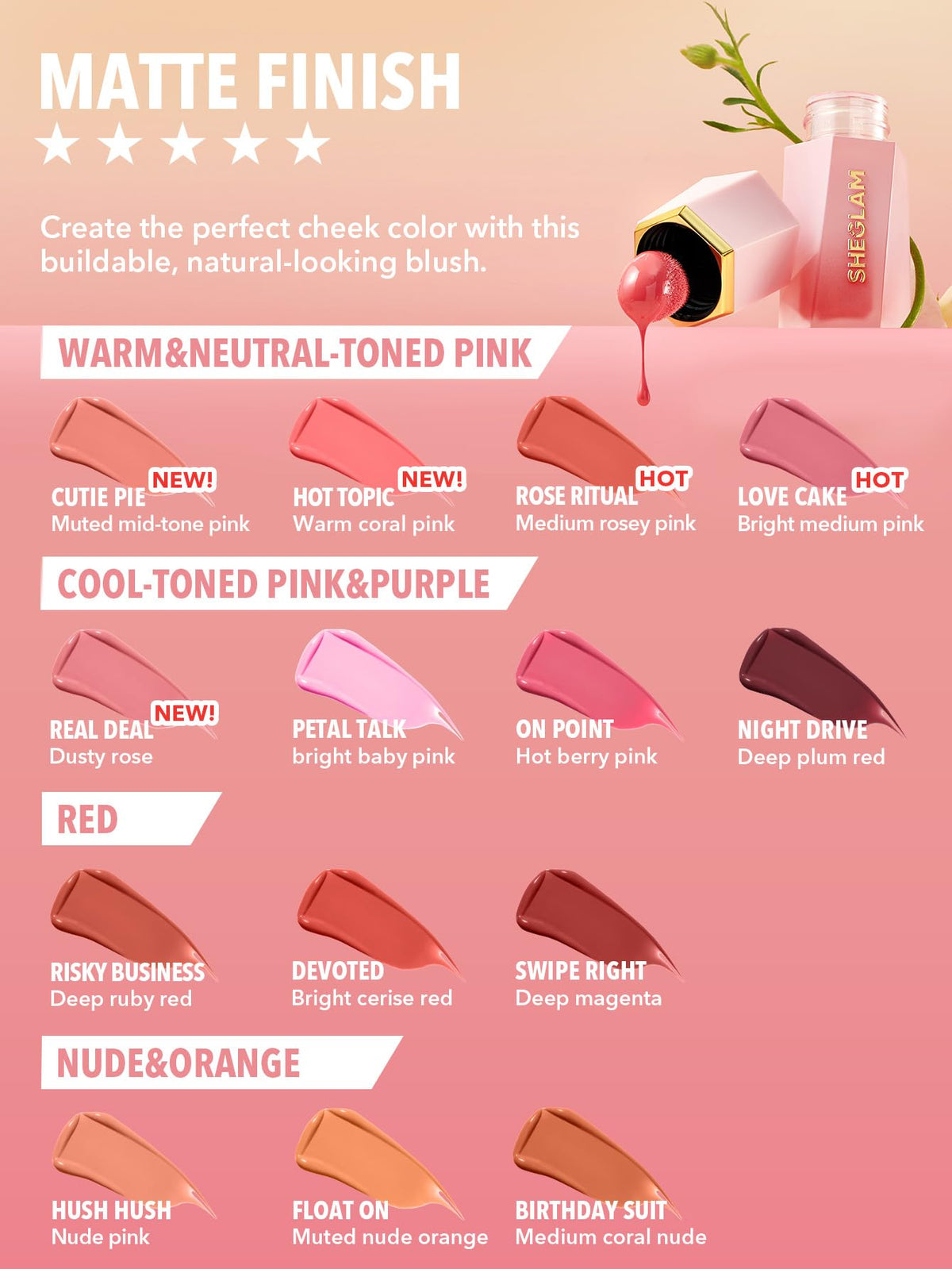 SHEGLAM Blush Liquide Mat 004 Hot Topic avec lumière