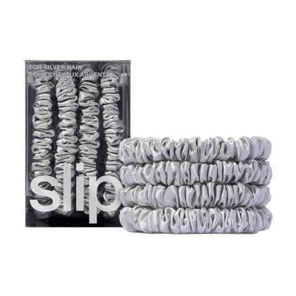 SLIP scrunchies en soie argentée, ensemble de 4, vue de face