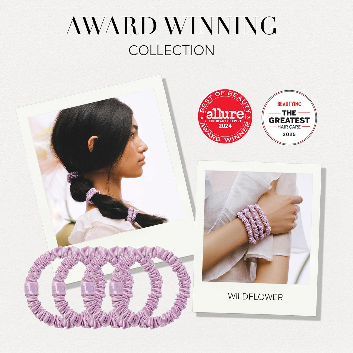 SLIP scrunchies en soie sur une surface blanche