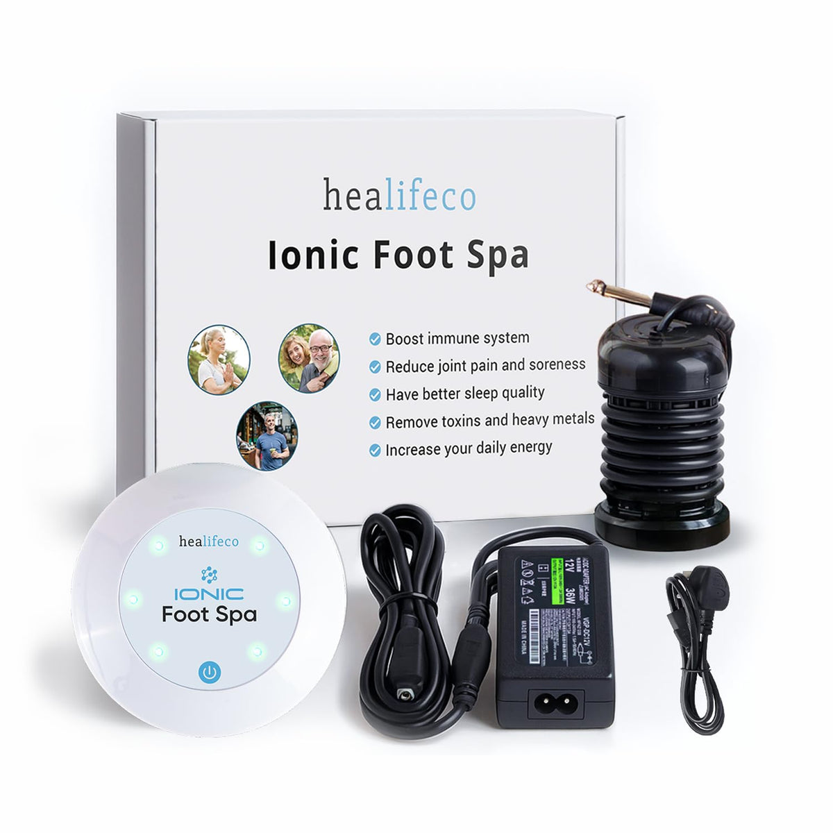 Spa de pieds ionique Healifeco vue de face avec unité de contrôle