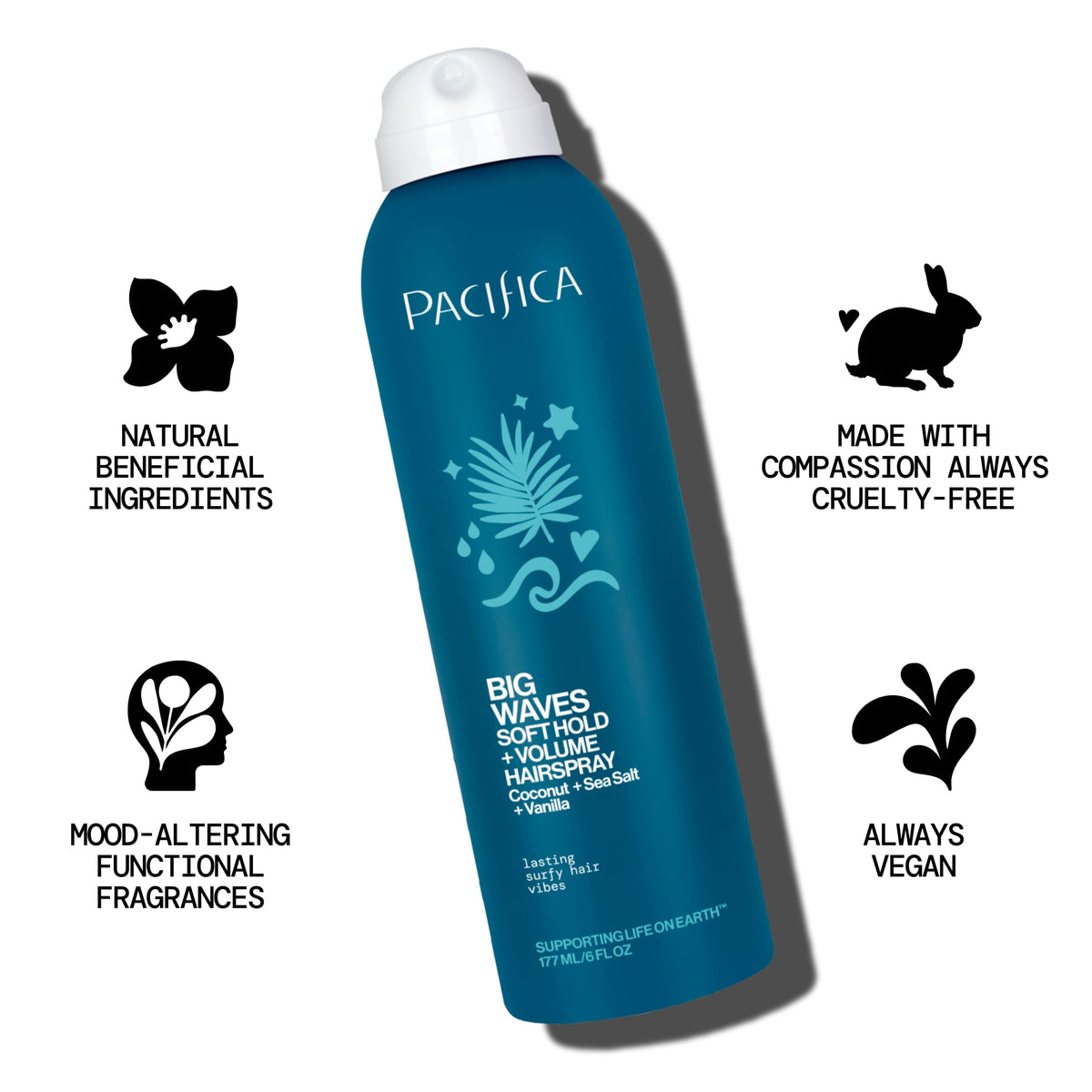 Spray coiffant Pacifica 222g côté avec bouchon