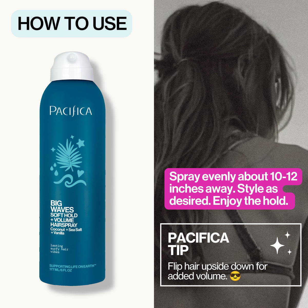 Spray coiffant Pacifica 222g sur un fond naturel