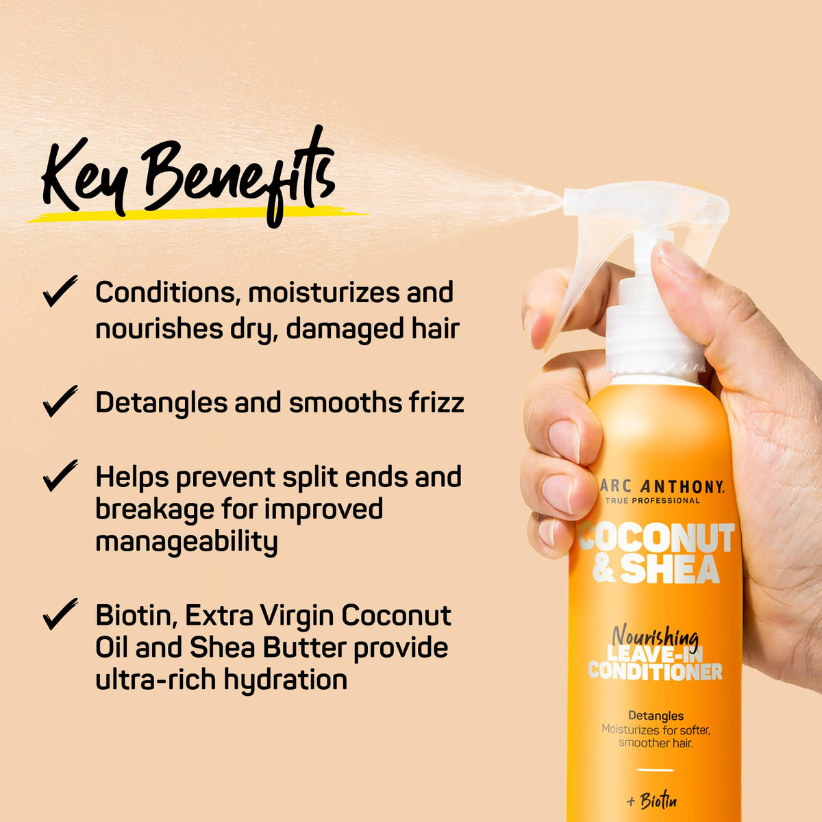 Spray conditionneur Coconut Shea Marc Anthony en usage sur des cheveux