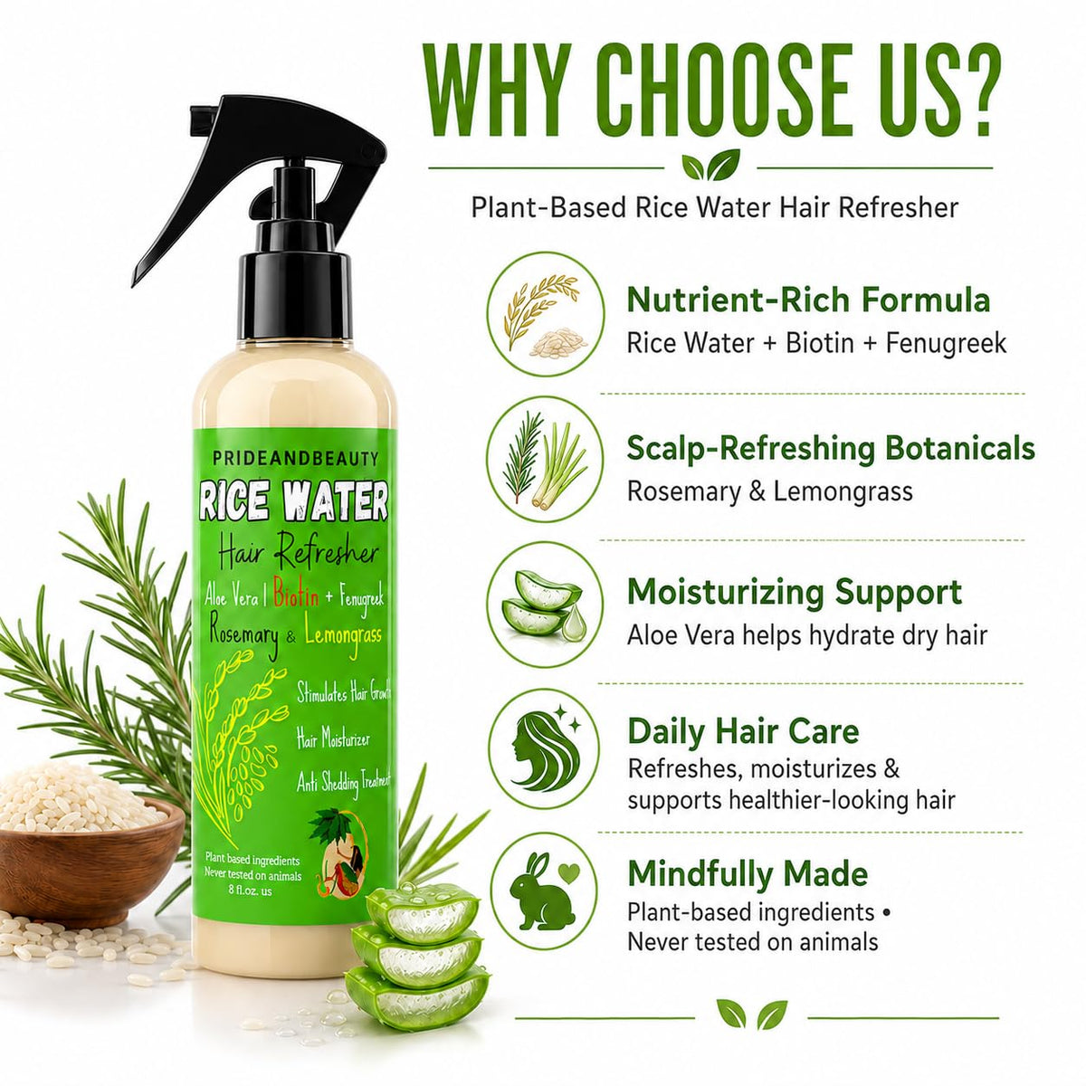 Spray d'Eau de Riz avec Romarin PRIDE AND BEAUTY dans un environnement naturel
