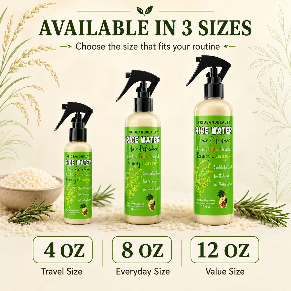 Spray d'Eau de Riz avec Romarin PRIDE AND BEAUTY dans une salle de bain
