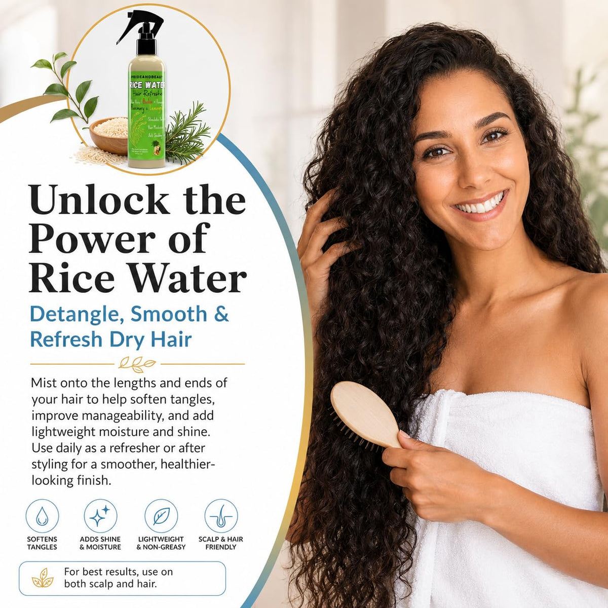 Spray d'Eau de Riz PRIDE AND BEAUTY avec étiquette détaillée