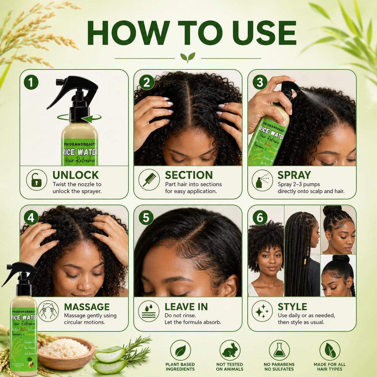 Spray d'Eau de Riz PRIDE AND BEAUTY sur une coiffe de tresses