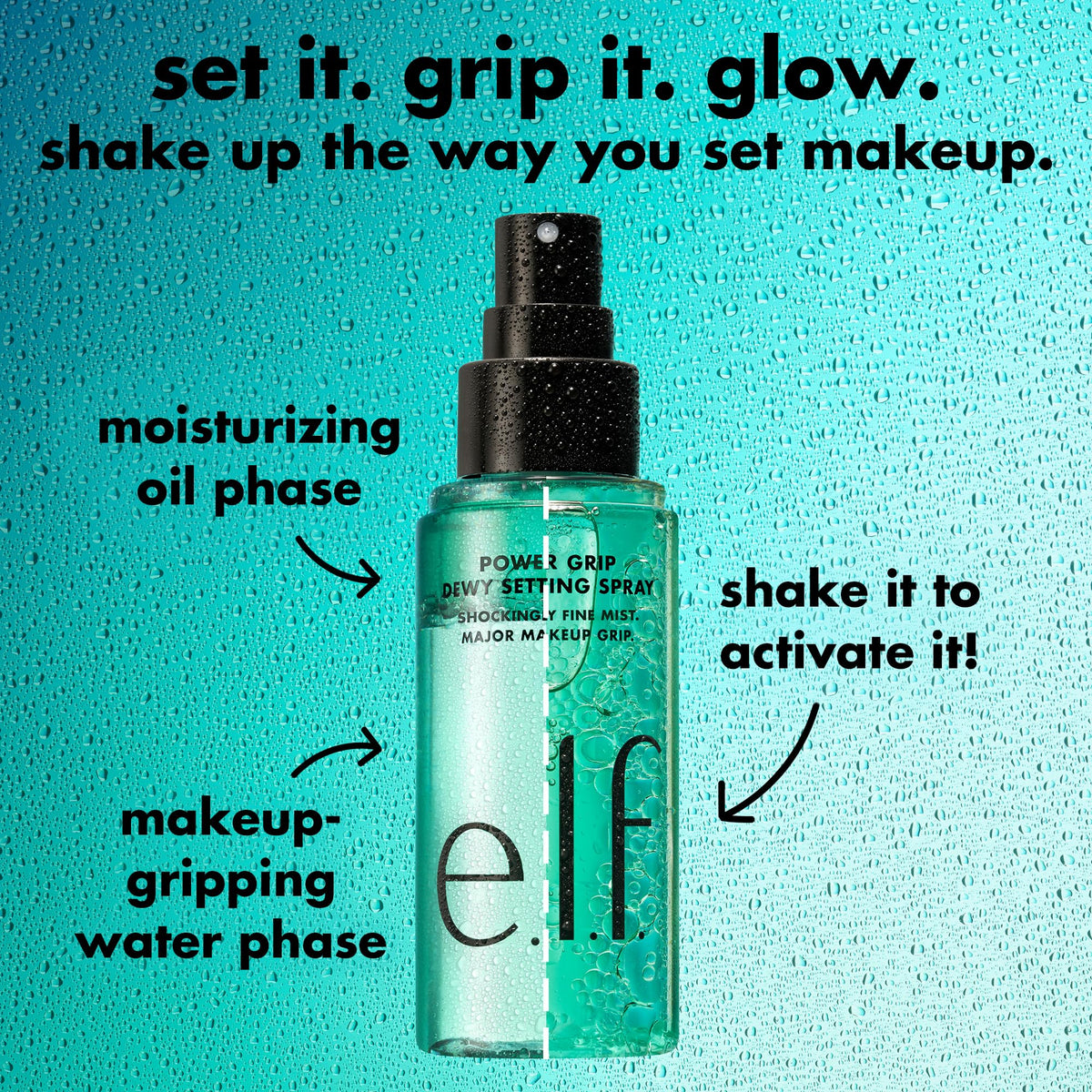 Spray Fixateur Dewy Power Grip e.l.f. sur un fond esthétique