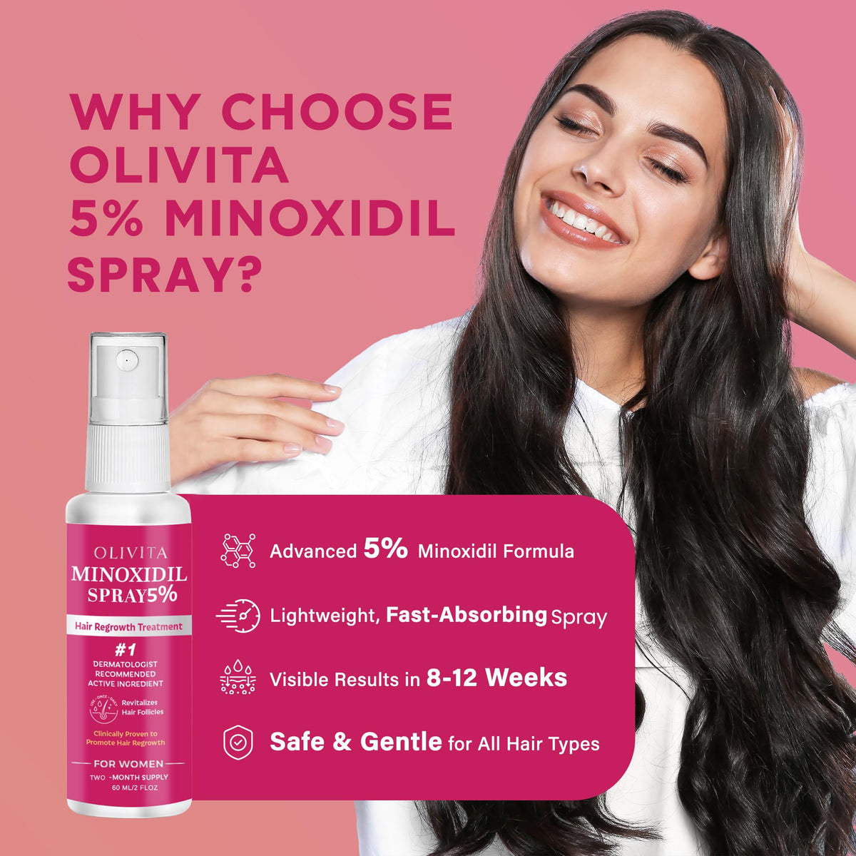 Spray OLIVITA 5% Minoxidil, application sur le cuir chevelu