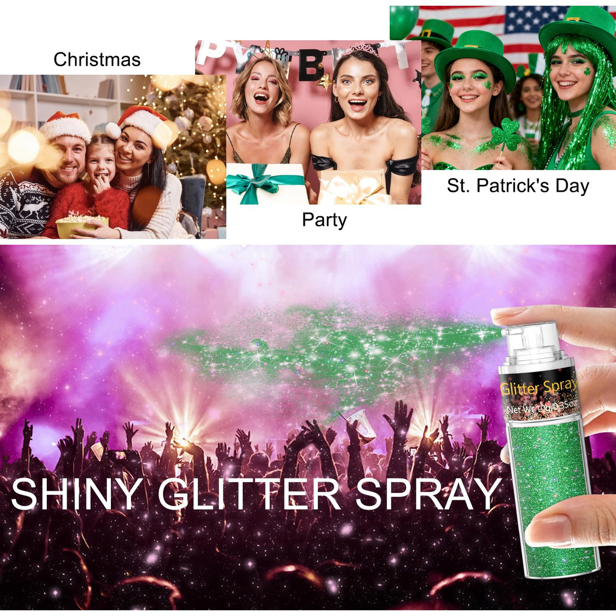 Spray paillettes Scarman 32g avec application sur le visage