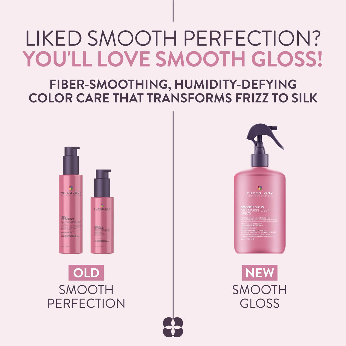 Spray Pureology Smooth Gloss Silkmorphose 260g avec des cheveux brillants