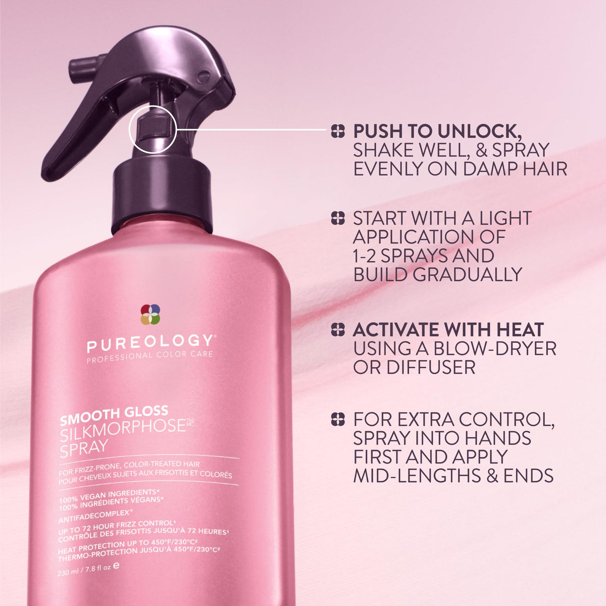 Spray Pureology Smooth Gloss Silkmorphose 260g dans un environnement de salle de bain