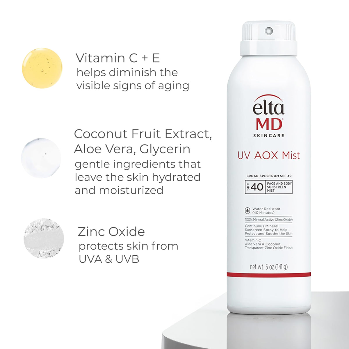 Spray solaire EltaMD UV AOX Mist avec arrière-plan plage
