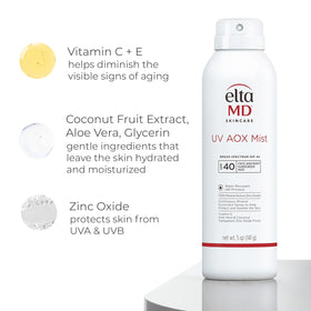 Spray solaire EltaMD UV AOX Mist avec arrière-plan plage