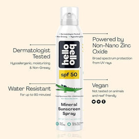 Spray solaire Hello Bello affichant l'étiquette et le design