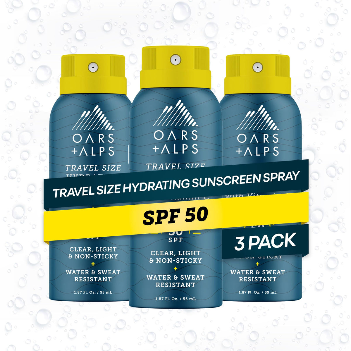 Spray solaire Oars + Alps SPF 50, taille voyage, vue de face.