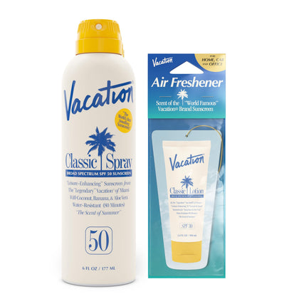 Spray solaire VACATION SPF 50 vue de face avec emballage