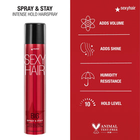 Spray & Stay de SexyHair 320g sur une coiffeuse