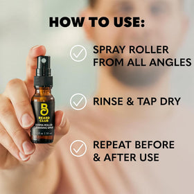 Spray The Beard Club à côté d'un derma roller