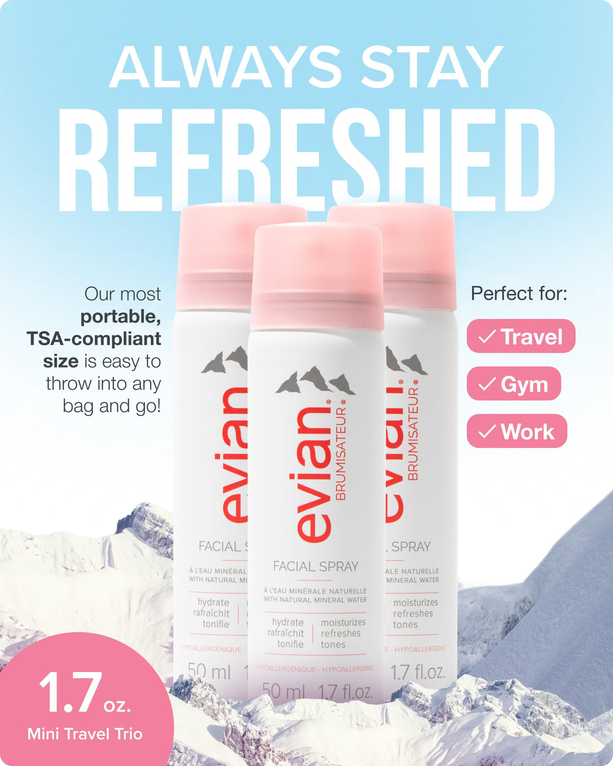 Spray Visage Évian 50 ml Trio Voyage Hydratant en situation