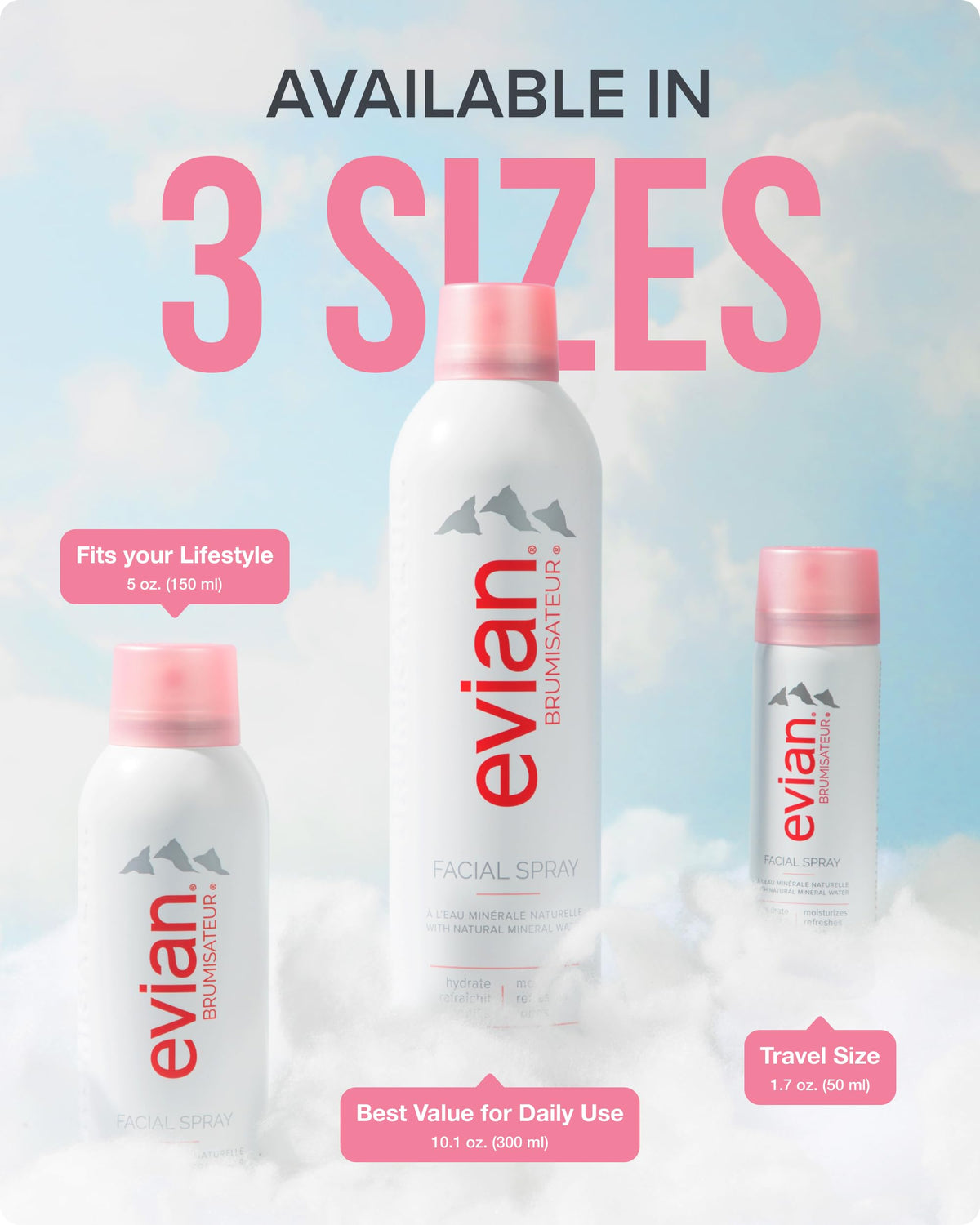 Spray Visage Évian 50 ml Trio Voyage Hydratant sur une table