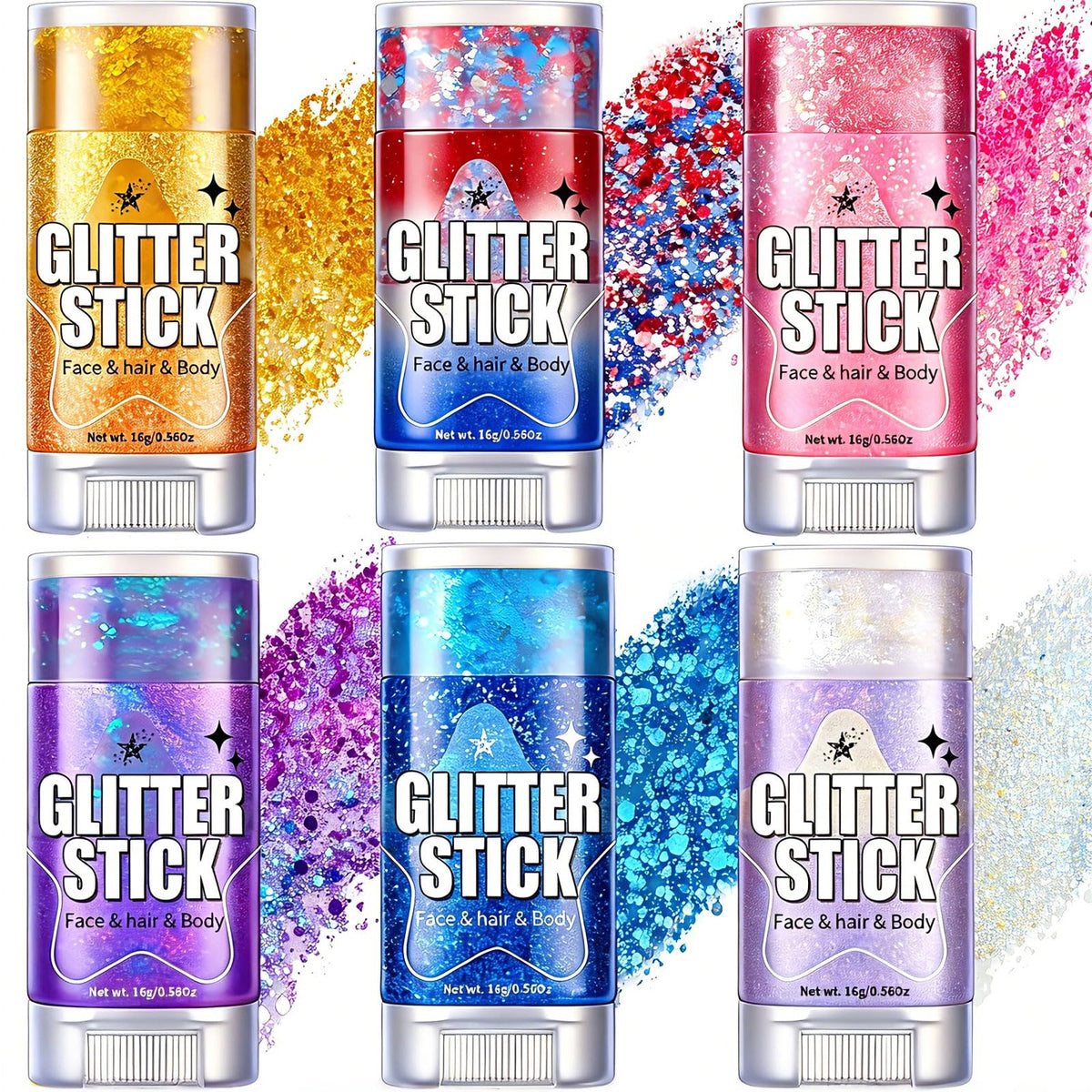 Stick à paillettes AROIC 6 couleurs vives, présentation frontale