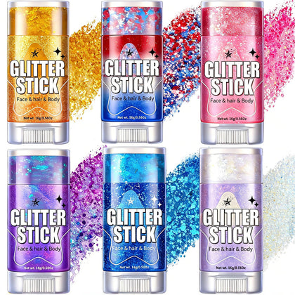 Stick à paillettes AROIC 6 couleurs vives, présentation frontale