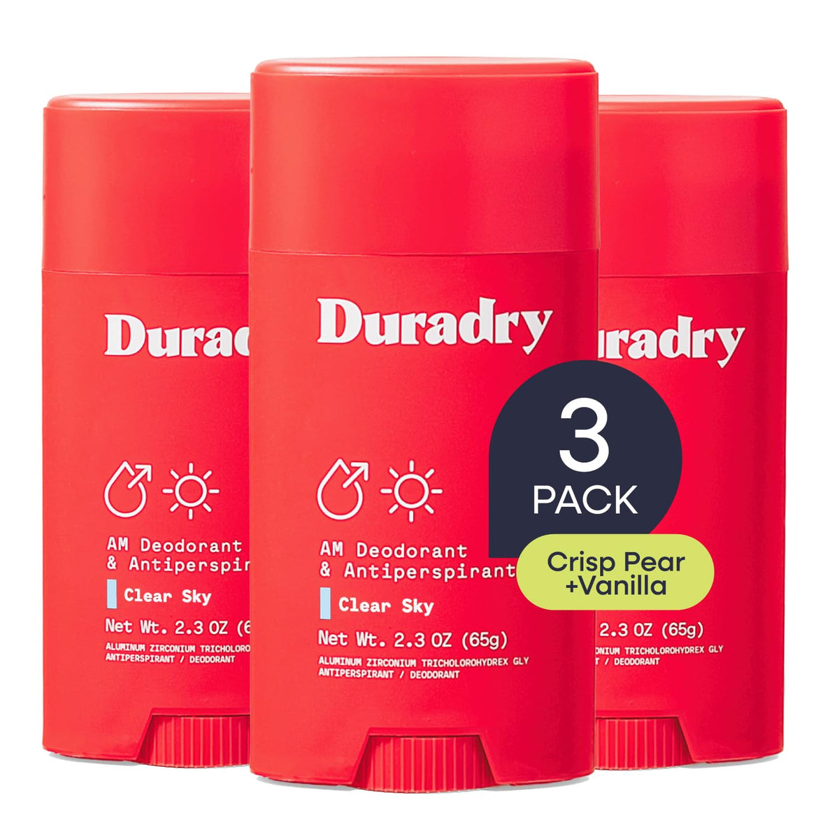 Stick antitranspirant Duradry 3Pk vue avant avec étiquette Clear Sky