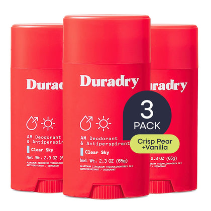 Stick antitranspirant Duradry 3Pk vue avant avec étiquette Clear Sky