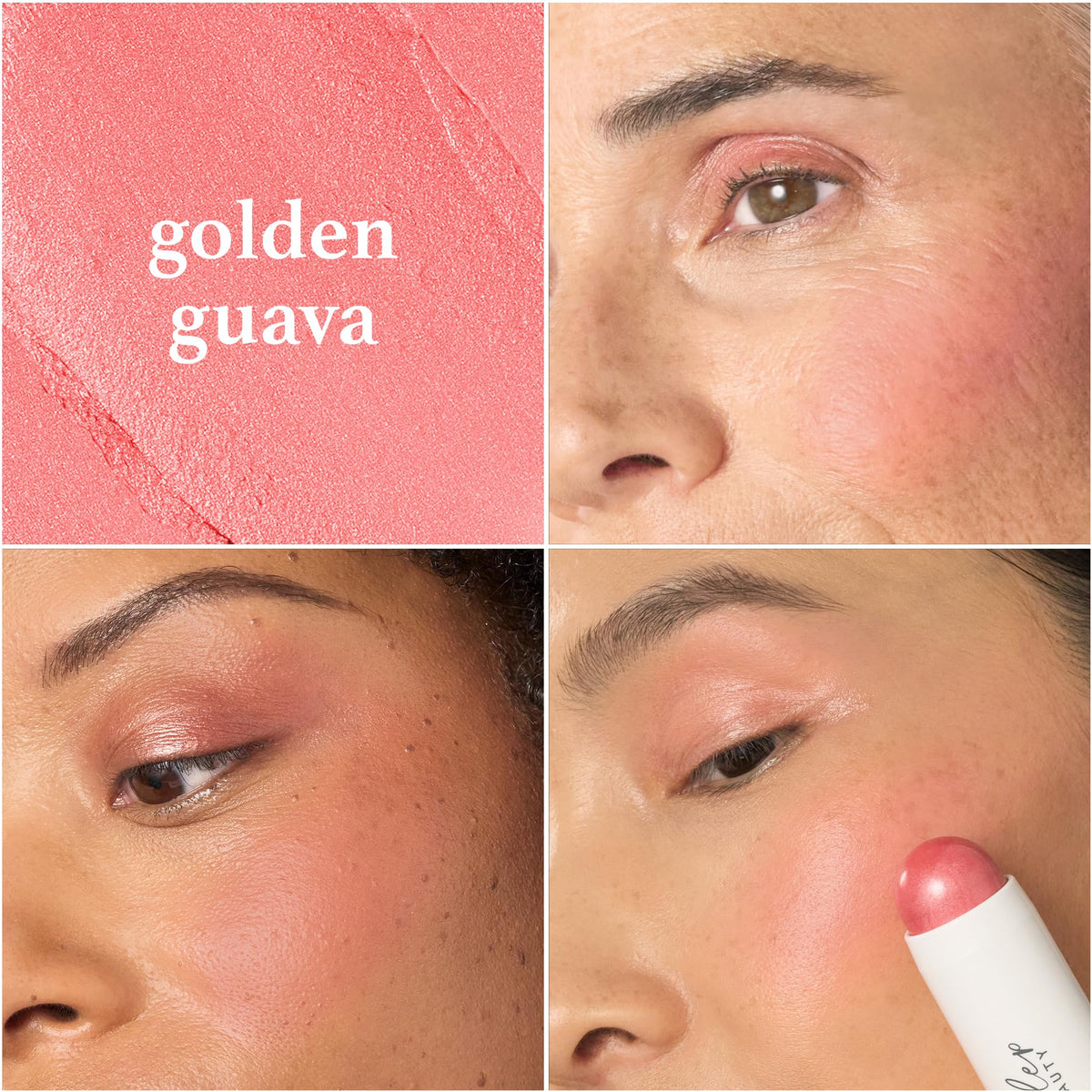 Stick blush crème Julep Golden Guava avec application sur la joue