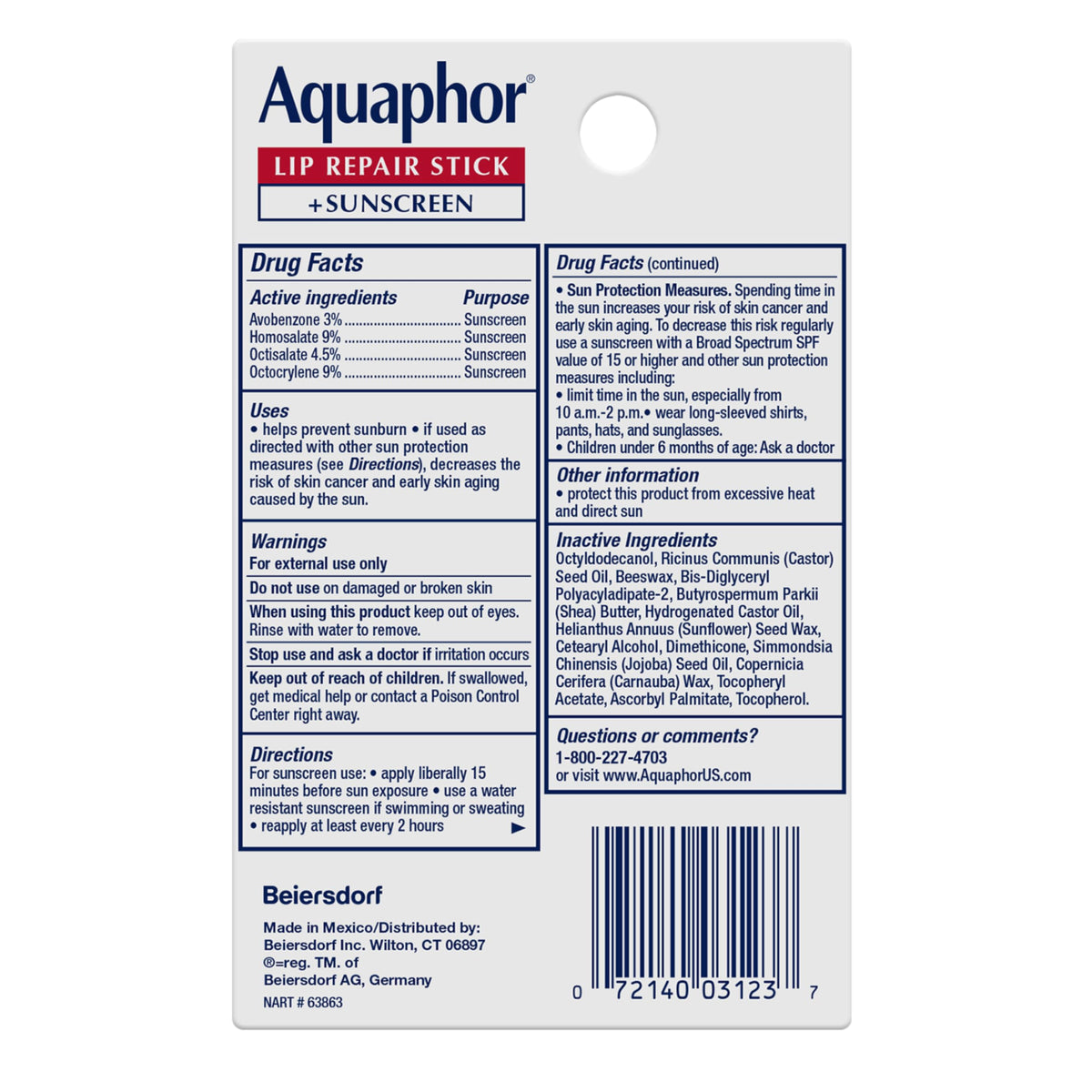 Stick de baume à lèvres Aquaphor avec texture crème
