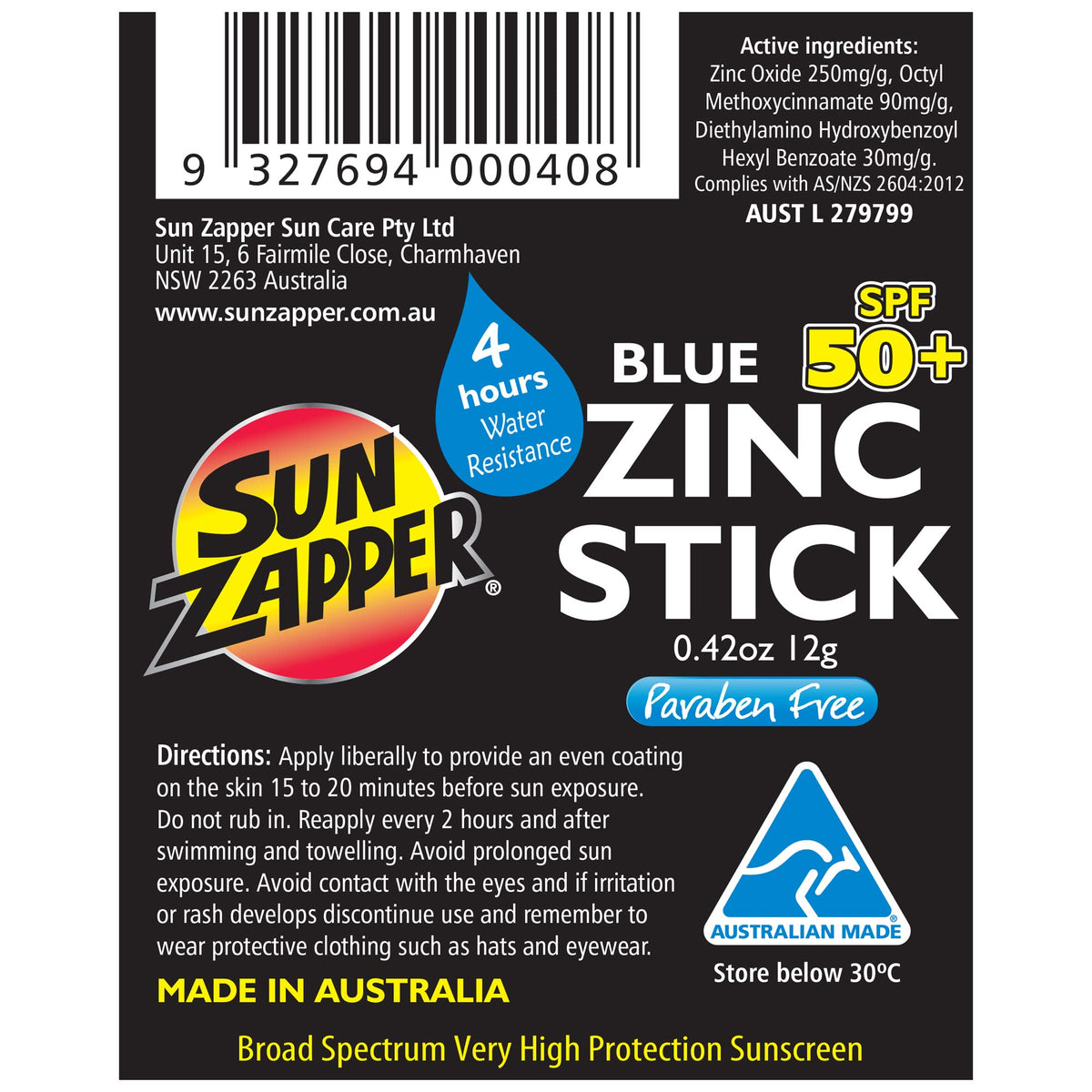 Stick solaire Sun Zapper bleu avec logo sur l'emballage
