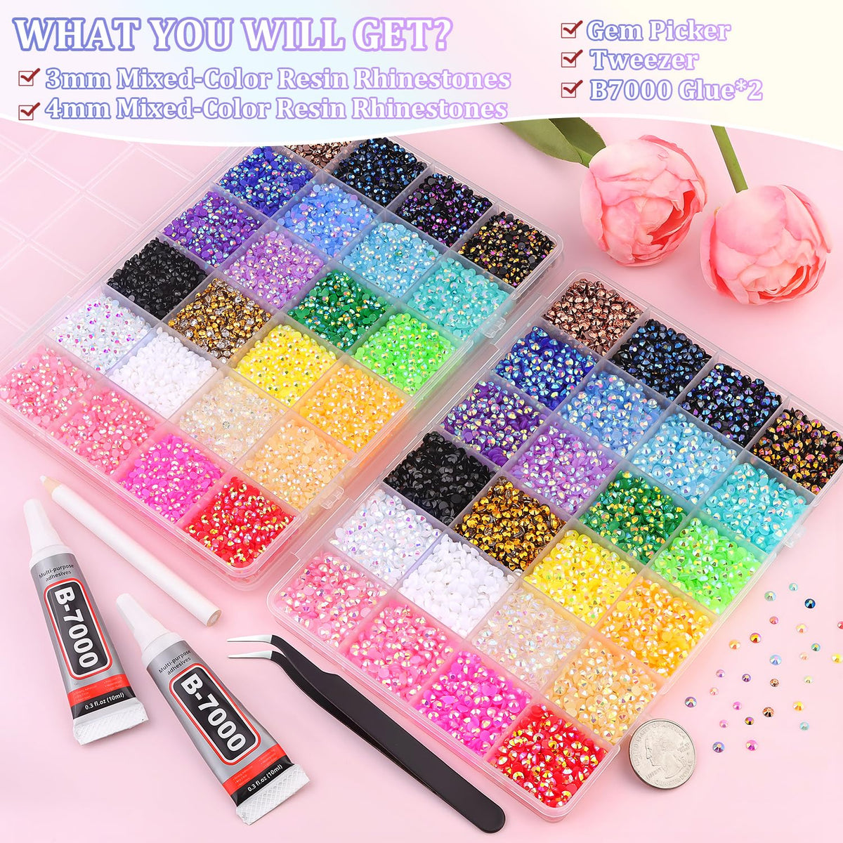 Strass en résine de 3 mm et 4 mm avec différents coloris