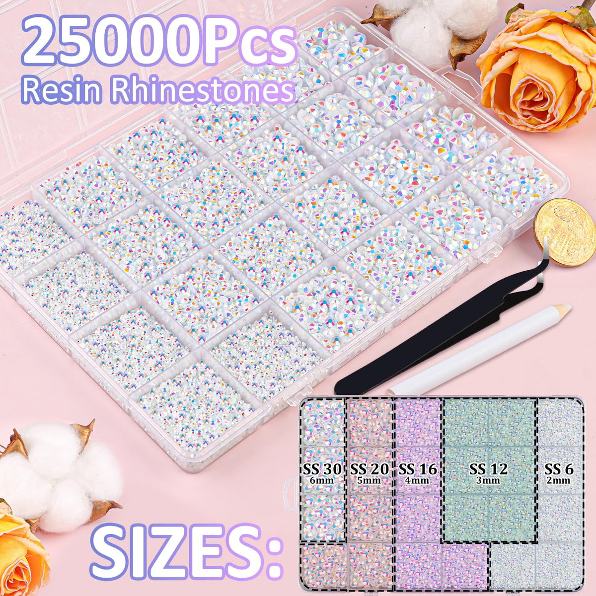 Strass en résine de différentes tailles et couleurs