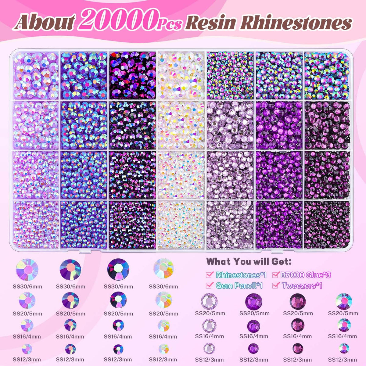 Strass violets en résine dans une boîte avec outils inclus