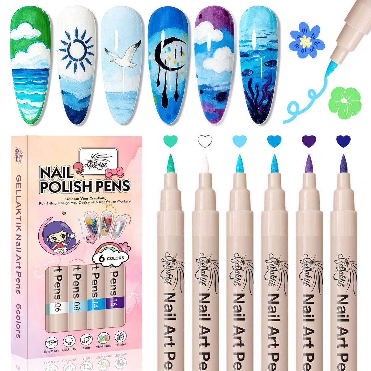 Stylos de nail art GELLAKTIK 6 couleurs avant