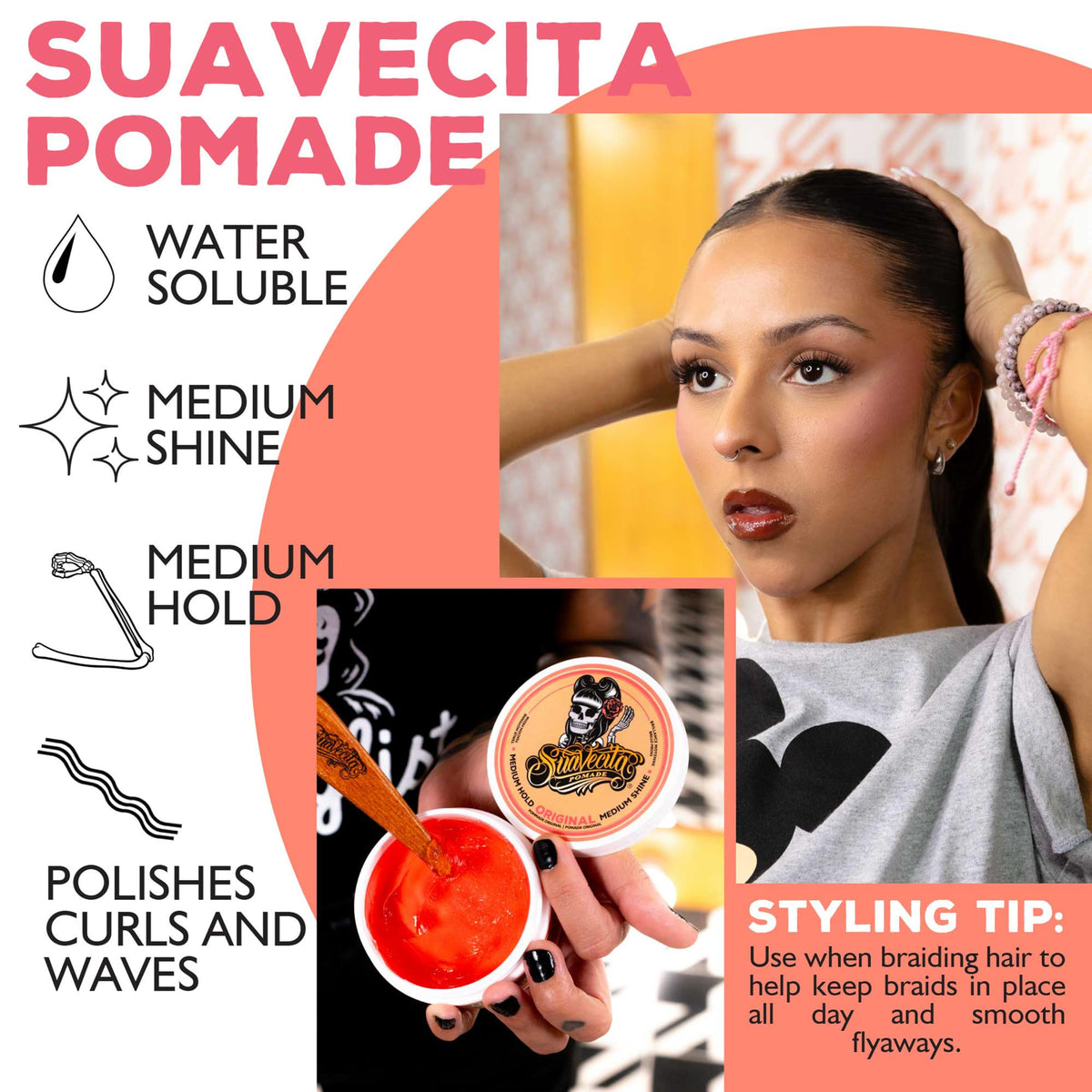 Suavecita Pomade 2,3 oz montrant la facilité d'application