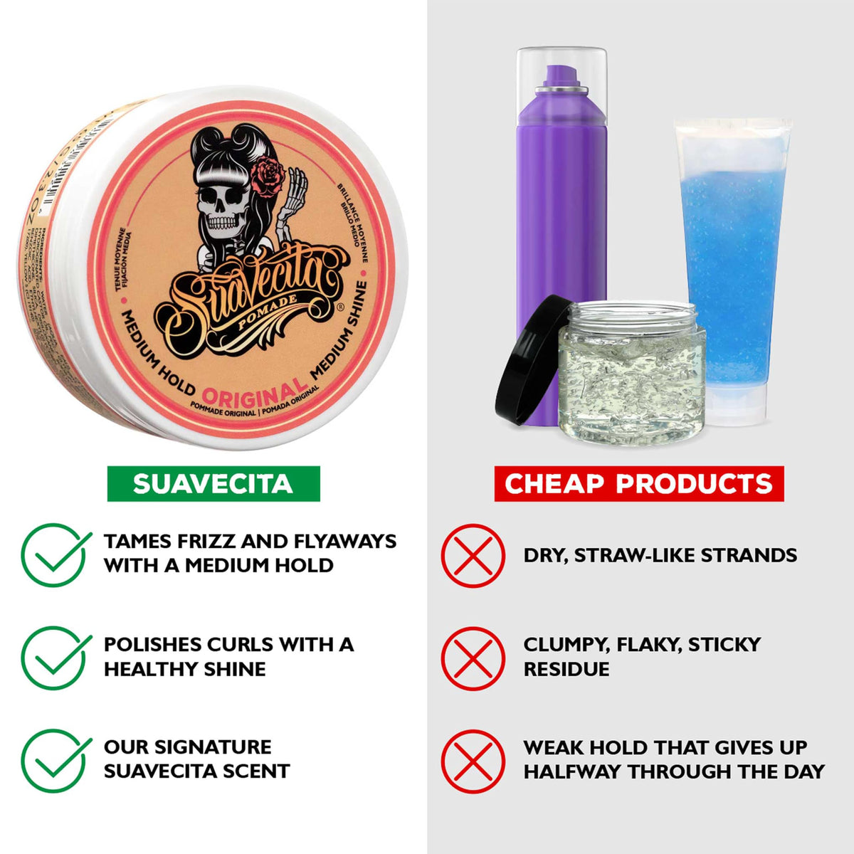 Suavecita Pomade 2,3 oz sur une coiffeuse avec des accessoires de coiffure