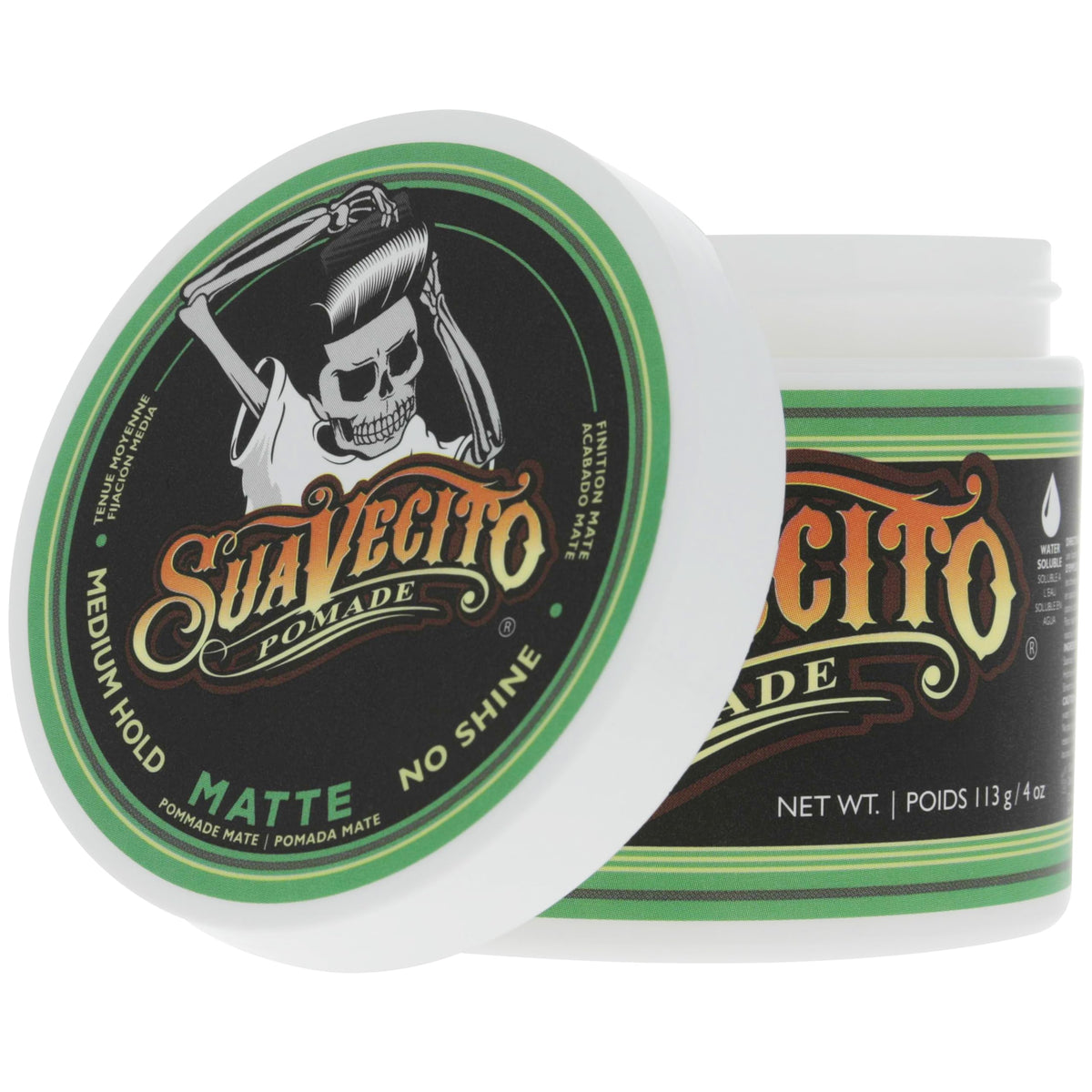 Suavecito Pomade Pâte Mate avec arrière-plan de coiffure