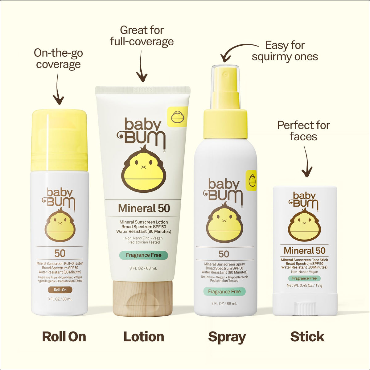 Sun Bum Baby Bum Lotion Solaire Minéral SPF 50 Roll-On avec bouchon ouvert