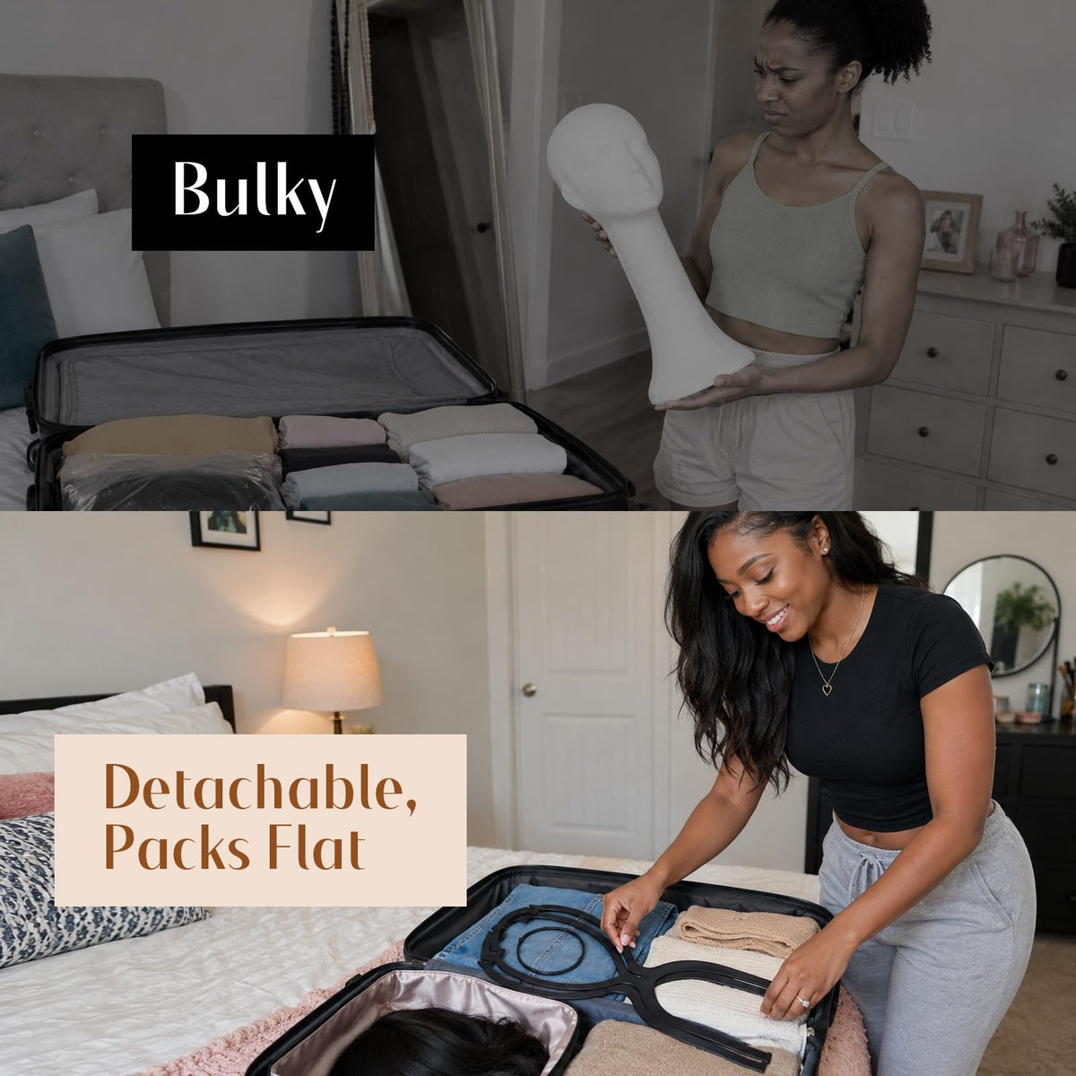 Support de perruque Dreamlover plié dans un sac de voyage