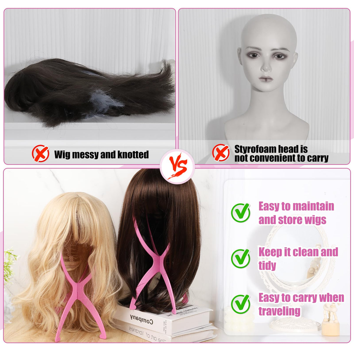 Support de perruque rose obeoby en utilisation dans un salon