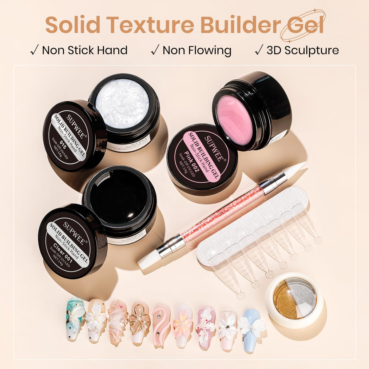 SUPWEE gel à ongles sculptant 3D blanc perlé et outils