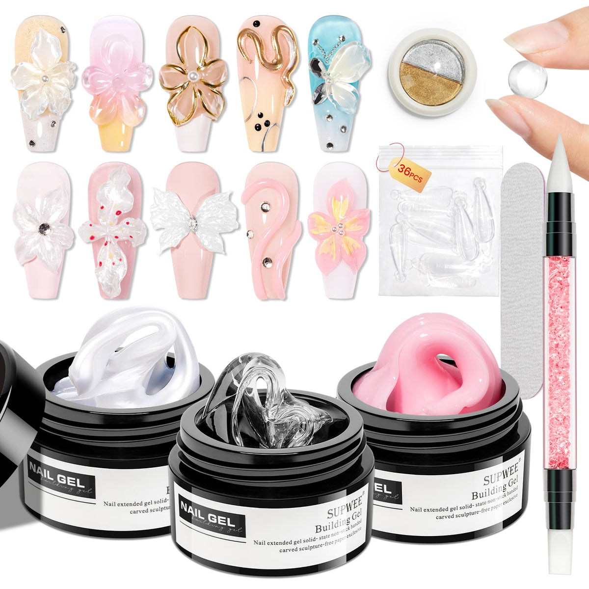 SUPWEE gel à ongles sculptant 3D transparent et moules inclus