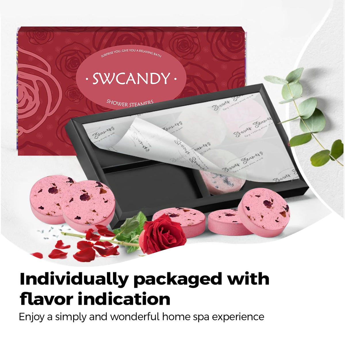 SWCANDY Rose Shower Steamers 8 Pack - emballage