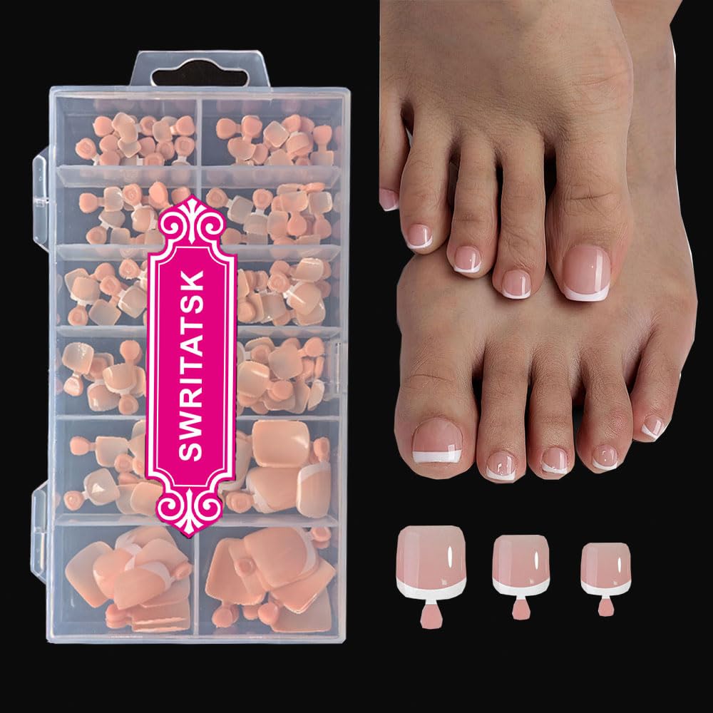 SWRITATSK faux ongles de pieds carrés en couleur nude, vue de face